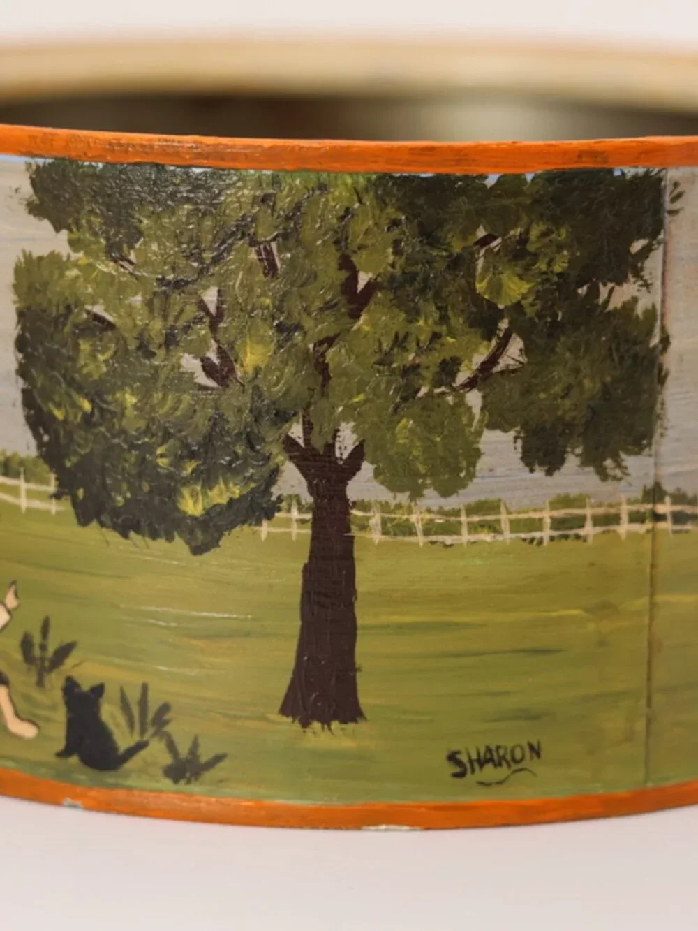 Vintage Hand-Painted Folk Art Tin Canister, Signed Sharon Landscape Storage